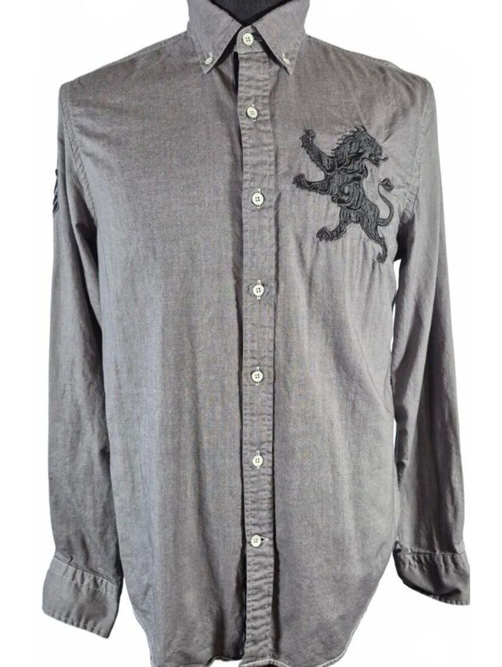 Express Gray Embroidered Lion Button Down Shirt Men’s M